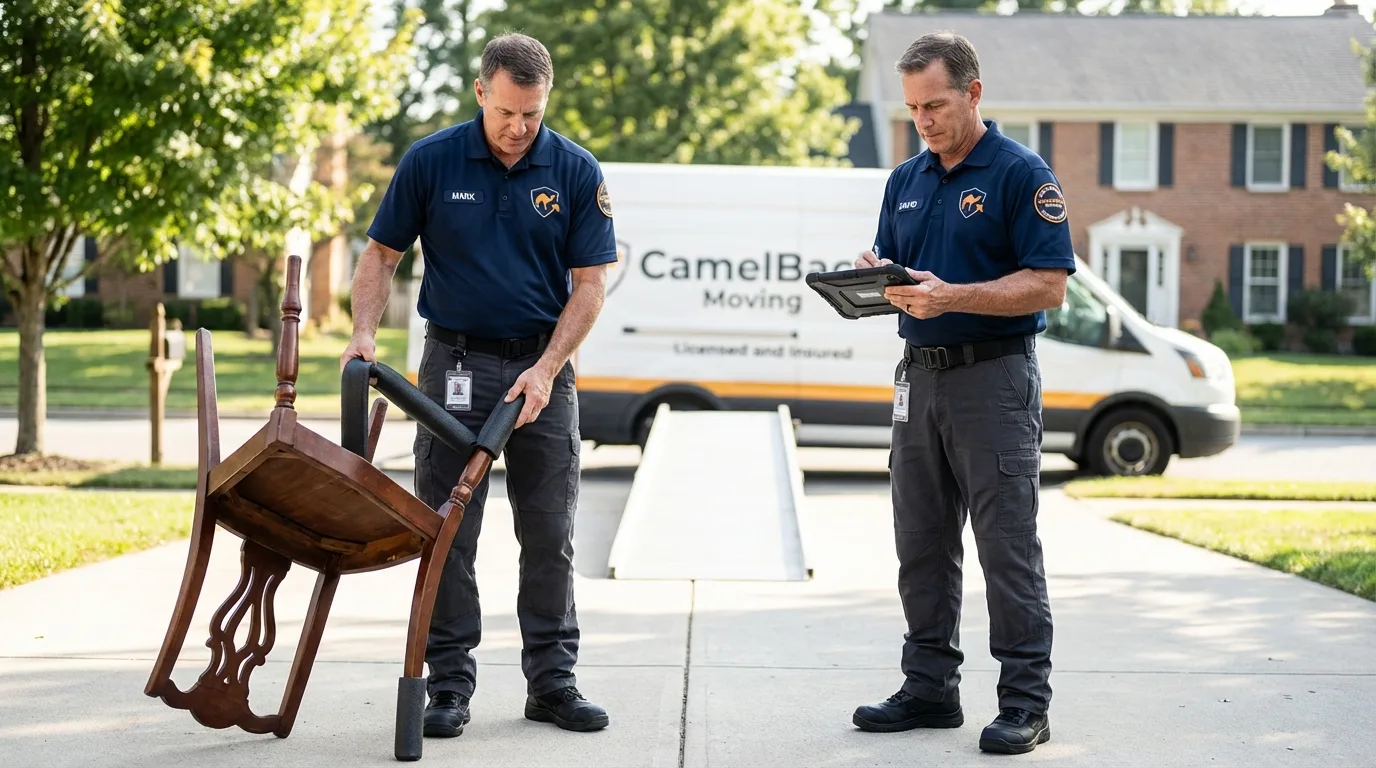 Movers inspecting furniture for damage prevention before loading in Othello, WA